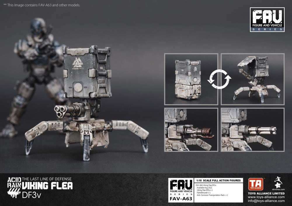 For the most part, the design of the Viking Flea DF3v has remained consistent with other Flea types - it’s scuttling drone legs already being well adapted to the snowy territory of the Tritans. However, the 55th Viking Shield Team were frustrated by its apparent lack of firepower against the rugged mountain marauders, so now the Viking Flea carries both a Gatling Gun as well as a Flamethrower which can be easily interchanged. Handily, the Flea also carries a Anti-Corrosion Transportation Rack for attaching