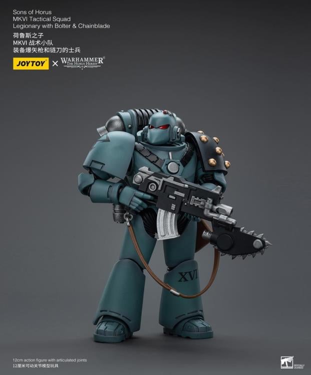 Unleash the JoyToy Warhammer 40K Sons of Horus MKVI Tactical Squad Legionary with Bolter & Chainblade action figure’s incredible power! The Space Marine Legions’ core unit, tactical squads are the means by which the Great Crusade retook most of the galaxy. Legion Tactical squads, equipped with even more impressive weaponry and led by seasoned Tactical sergeants, were at the forefront of nearly every significant battle during the Horus Heresy. The squads were composed of Legionaries with devastating bolters.