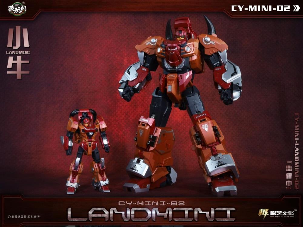 The CY-Mini-02 Landmini converts into a bull-like creature from a robot and forms the leg of a mini combining figure. Landmini stands about 3.75 inches tall in robot mode and comes with a blaster and sword for weapons. CT-Chiyou-02 Landbull not included