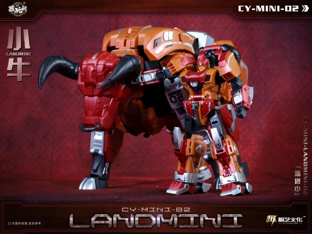 The CY-Mini-02 Landmini converts into a bull-like creature from a robot and forms the leg of a mini combining figure. Landmini stands about 3.75 inches tall in robot mode and comes with a blaster and sword for weapons. CT-Chiyou-02 Landbull not included