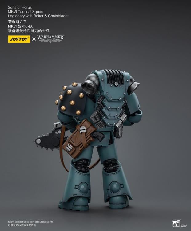 Unleash the JoyToy Warhammer 40K Sons of Horus MKVI Tactical Squad Legionary with Bolter & Chainblade action figure’s incredible power! The Space Marine Legions’ core unit, tactical squads are the means by which the Great Crusade retook most of the galaxy. Legion Tactical squads, equipped with even more impressive weaponry and led by seasoned Tactical sergeants, were at the forefront of nearly every significant battle during the Horus Heresy. The squads were composed of Legionaries with devastating bolters.
