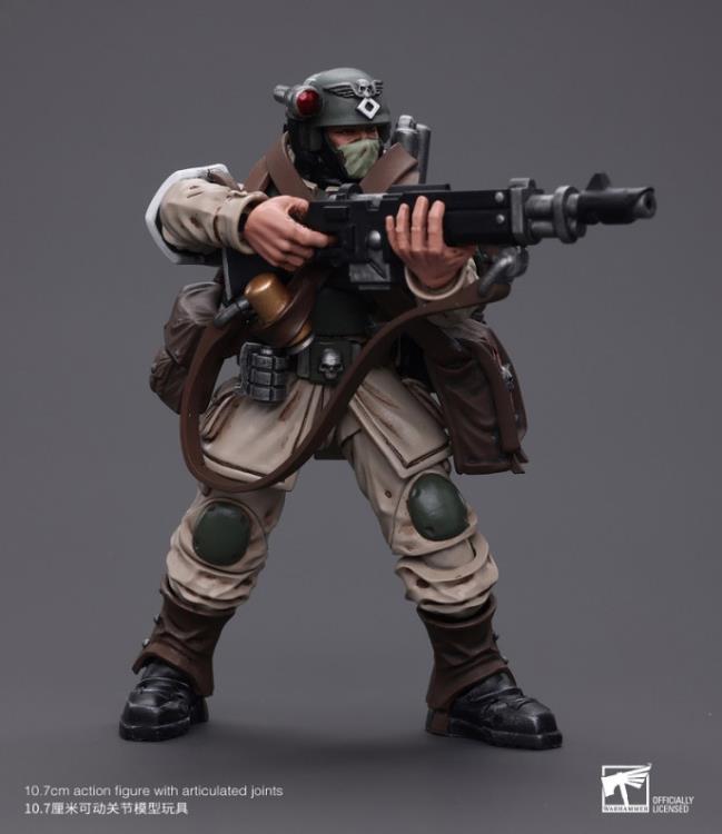 This is a 1/18 scale highly detailed, articulated figure based on Warhammer 40k's Cadian Command Squad Veteran with Medi-pack of the Astra Militarum. The Cadian Command figure stands nearly 6 inches tall and comes with several interchangeable parts and accessories, opening the door to many different and unique display opportunities.