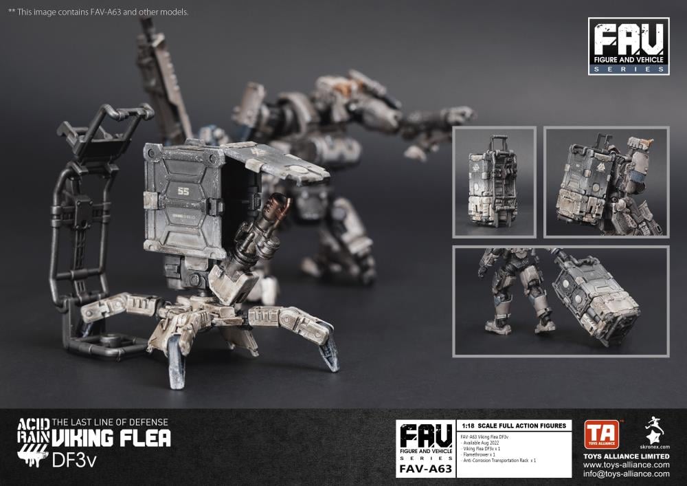 For the most part, the design of the Viking Flea DF3v has remained consistent with other Flea types - it’s scuttling drone legs already being well adapted to the snowy territory of the Tritans. However, the 55th Viking Shield Team were frustrated by its apparent lack of firepower against the rugged mountain marauders, so now the Viking Flea carries both a Gatling Gun as well as a Flamethrower which can be easily interchanged. Handily, the Flea also carries a Anti-Corrosion Transportation Rack for attaching