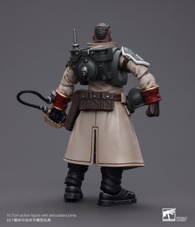 This is a 1/18 scale highly detailed, articulated figure based on Warhammer 40k's Cadian Command Squad Commander with Power Sword of the Astra Militarum. The Cadian Command figure stands nearly 6 inches tall and comes with several interchangeable parts and accessories, opening the door to a plethora of different and unique display opportunities.