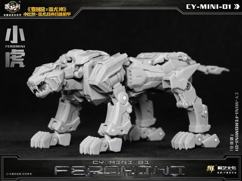 The CY-Mini-01 Feromini converts into a cat-like creature from a robot. Feromini stands about 3.75 inches tall in robot mode and comes with a blaster and sword for weapons.