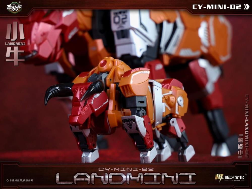 The CY-Mini-02 Landmini converts into a bull-like creature from a robot and forms the leg of a mini combining figure. Landmini stands about 3.75 inches tall in robot mode and comes with a blaster and sword for weapons. CT-Chiyou-02 Landbull not included