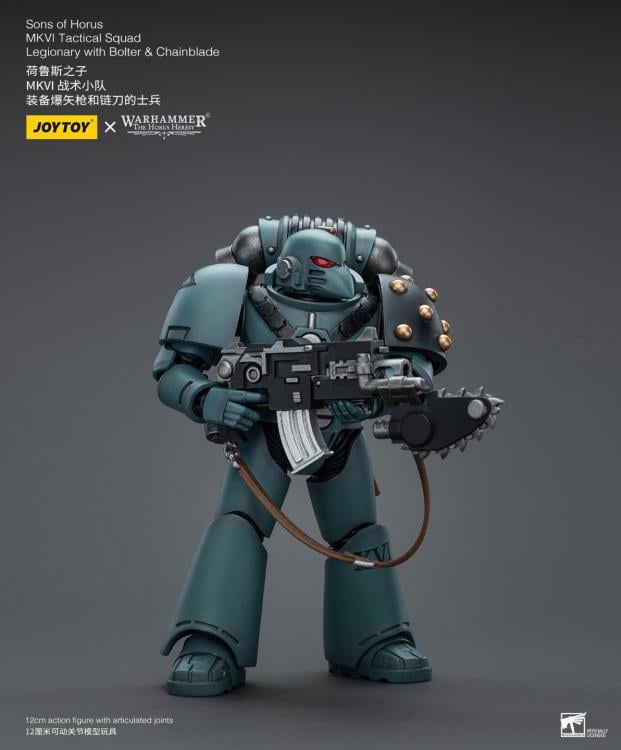 Unleash the JoyToy Warhammer 40K Sons of Horus MKVI Tactical Squad Legionary with Bolter & Chainblade action figure’s incredible power! The Space Marine Legions’ core unit, tactical squads are the means by which the Great Crusade retook most of the galaxy. Legion Tactical squads, equipped with even more impressive weaponry and led by seasoned Tactical sergeants, were at the forefront of nearly every significant battle during the Horus Heresy. The squads were composed of Legionaries with devastating bolters.