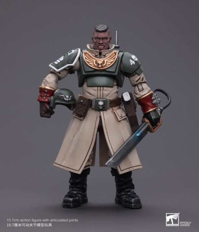 This is a 1/18 scale highly detailed, articulated figure based on Warhammer 40k's Cadian Command Squad Commander with Power Sword of the Astra Militarum. The Cadian Command figure stands nearly 6 inches tall and comes with several interchangeable parts and accessories, opening the door to a plethora of different and unique display opportunities.
