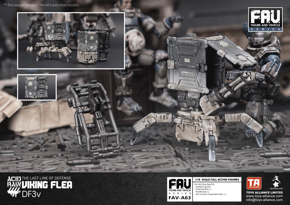 For the most part, the design of the Viking Flea DF3v has remained consistent with other Flea types - it’s scuttling drone legs already being well adapted to the snowy territory of the Tritans. However, the 55th Viking Shield Team were frustrated by its apparent lack of firepower against the rugged mountain marauders, so now the Viking Flea carries both a Gatling Gun as well as a Flamethrower which can be easily interchanged. Handily, the Flea also carries a Anti-Corrosion Transportation Rack for attaching