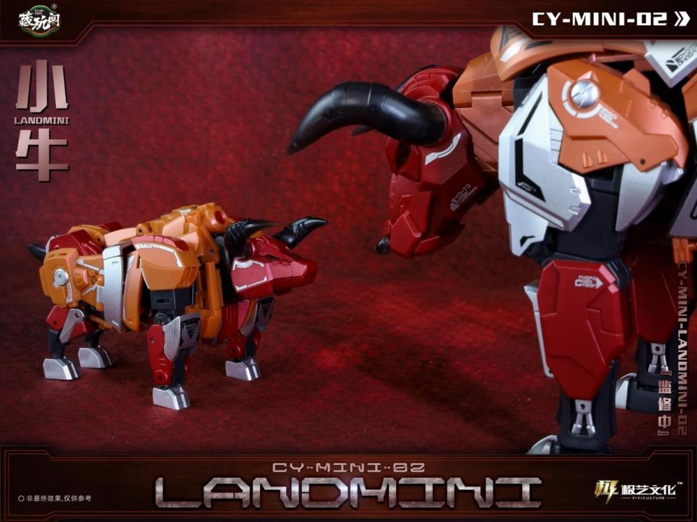 The CY-Mini-02 Landmini converts into a bull-like creature from a robot and forms the leg of a mini combining figure. Landmini stands about 3.75 inches tall in robot mode and comes with a blaster and sword for weapons. CT-Chiyou-02 Landbull not included