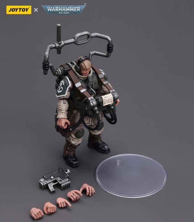 This is a 1/18 scale highly detailed, articulated figure based on Warhammer 40k's Cadian Command Squad Veteran with Master Vox of the Astra Militarum. The Cadian Command figure stands nearly 6 inches tall and comes with several interchangeable parts and accessories, opening the door to a plethora of different and unique display opportunities.