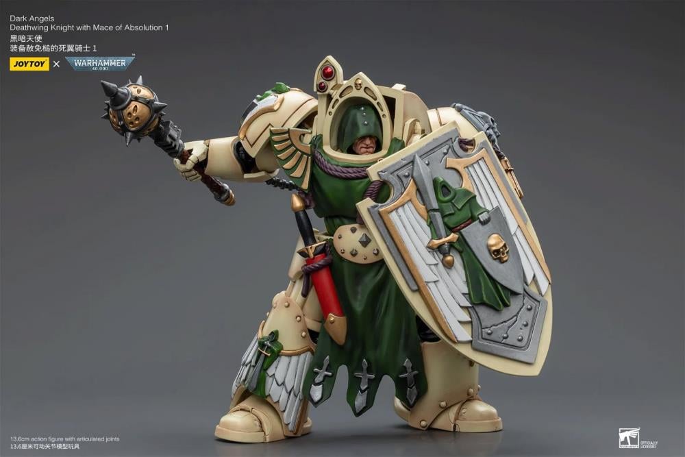 The JoyToy Warhammer 40K Dark Angels Deathwing Knight with Mace of Absolution action figure is an impressive and articulated collectible. A member of the Dark Angels Space Marine chapter, this Deathwing Knight is in his iconic power armor, equipped with a mace and storm shield. This action figure is a fantastic addition to the collection of any Warhammer 40K fan or for anyone who enjoys collecting fine figures with excellent detail.
