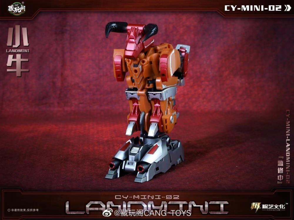 The CY-Mini-02 Landmini converts into a bull-like creature from a robot and forms the leg of a mini combining figure. Landmini stands about 3.75 inches tall in robot mode and comes with a blaster and sword for weapons. CT-Chiyou-02 Landbull not included