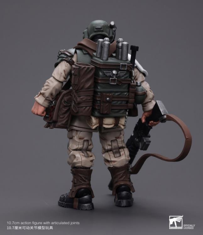 This is a 1/18 scale highly detailed, articulated figure based on Warhammer 40k's Cadian Command Squad Veteran with Medi-pack of the Astra Militarum. The Cadian Command figure stands nearly 6 inches tall and comes with several interchangeable parts and accessories, opening the door to many different and unique display opportunities.