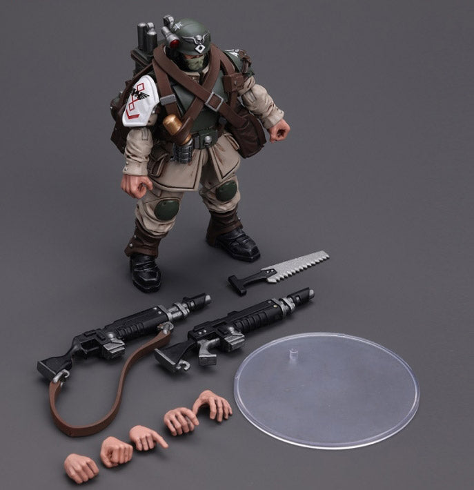 This is a 1/18 scale highly detailed, articulated figure based on Warhammer 40k's Cadian Command Squad Veteran with Medi-pack of the Astra Militarum. The Cadian Command figure stands nearly 6 inches tall and comes with several interchangeable parts and accessories, opening the door to many different and unique display opportunities.