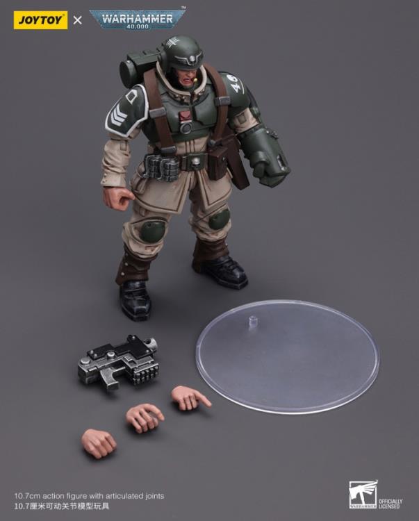 This is a 1/18 scale highly detailed, articulated figure based on Warhammer 40k's Cadian Command Squad Veteran Sergeant with Power Fist of the Astra Militarum. The Cadian Command figure stands nearly 6 inches tall and comes with several interchangeable parts and accessories, opening the door to a plethora of different and unique display opportunities.