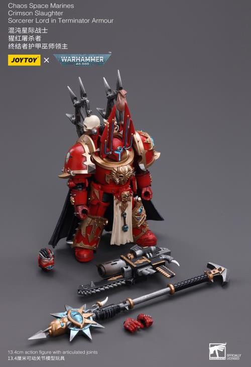 Joy Toy brings Warhammer 40k's Crimson Slaughter Sorcerer Lord to life with this 1/18 scale action figure. Each figure contains interchangeable arms, weapons and a stand. The figure captures the essence of the character and his armor, and is made out of high-quality materials, durable enough for display or play.