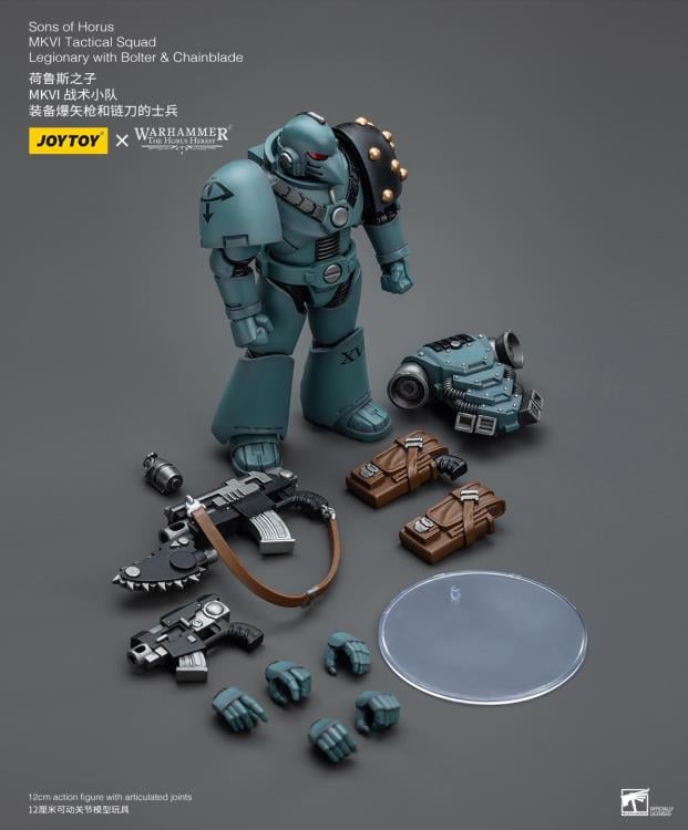 Unleash the JoyToy Warhammer 40K Sons of Horus MKVI Tactical Squad Legionary with Bolter & Chainblade action figure’s incredible power! The Space Marine Legions’ core unit, tactical squads are the means by which the Great Crusade retook most of the galaxy. Legion Tactical squads, equipped with even more impressive weaponry and led by seasoned Tactical sergeants, were at the forefront of nearly every significant battle during the Horus Heresy. The squads were composed of Legionaries with devastating bolters.