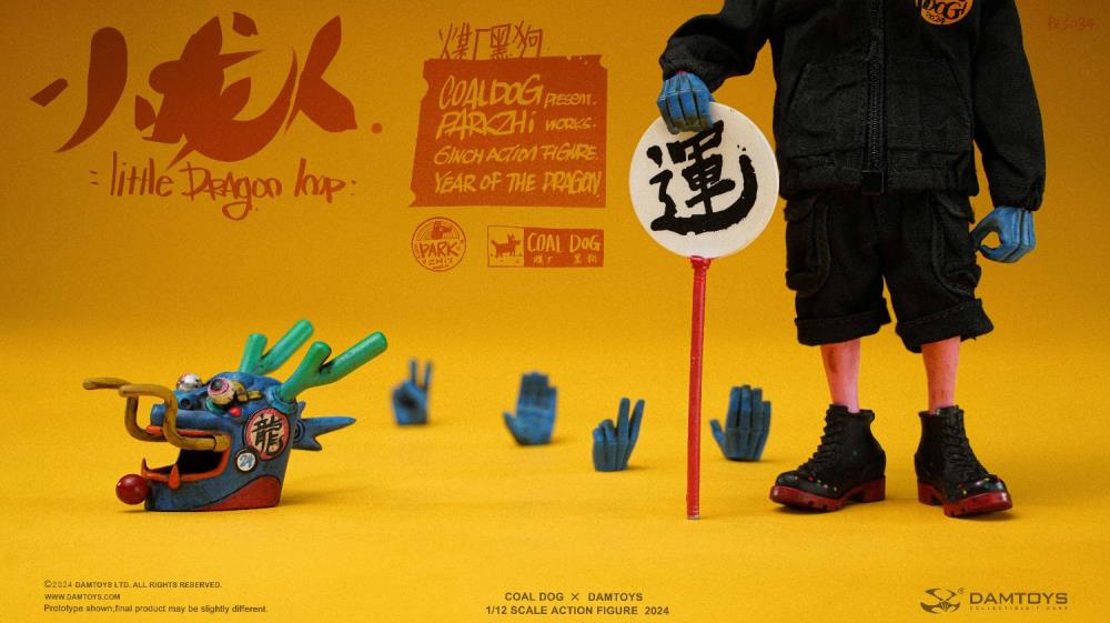 Little Dragon Imp is an original figure created between Damtoys and Coal Dog highlighting the Year of the Dragon.   The Little Dragon Imp wears a black Coal Dog 2024 hoodie, as well as black shorts and shoes. The figure's body features a pink skin tone, blue hands, and white dots on its face. Accessories include a dragon helmet, alternate hands, stickers, and a good luck sign.