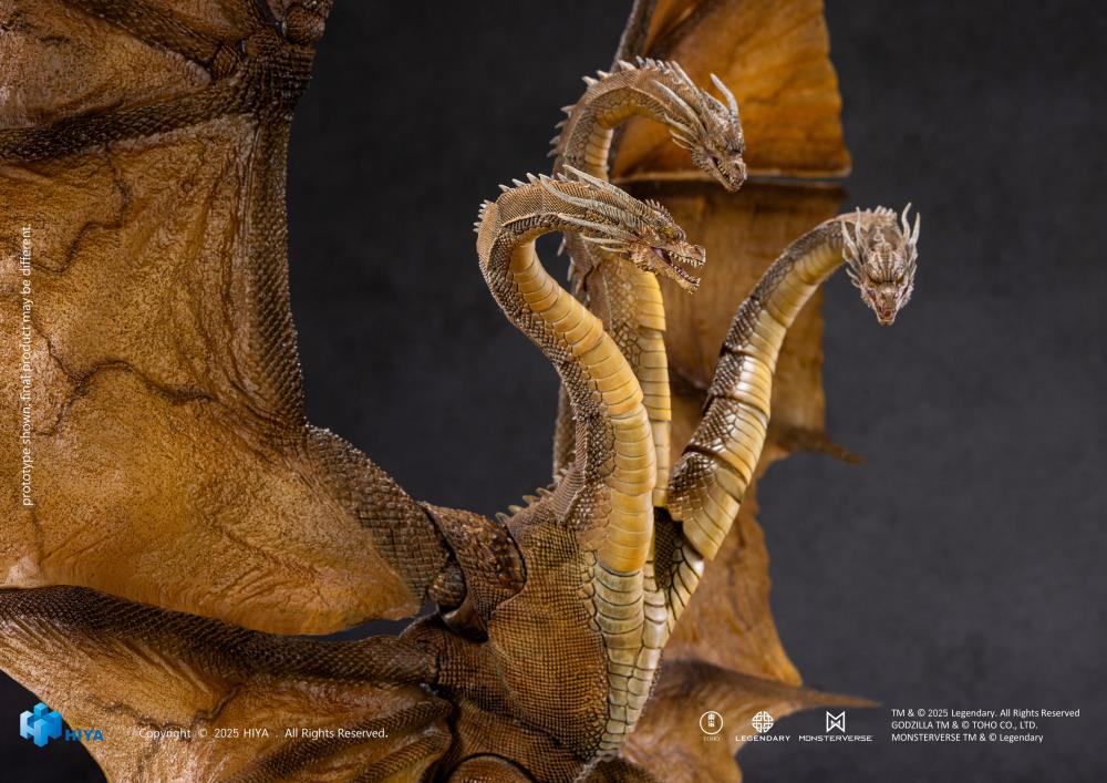 A PREVIEWS Exclusive! The apex predator and rival alpha to Godzilla returns! King Ghidorah 2.0 from Godzilla: King of the Monsters (2019) joins the Hiya EXQUISITE BASIC Series in an upgraded form.
First discovered frozen in Antarctic ice at Outpost 32, King Ghidorah was unleashed to manipulate the Titans but proved impossible to control, challenging Godzilla’s dominance and commanding the others to wreak havoc. This newly designed figure stands an impressive 13.5" tall with a massive 22" wingspan, capturin