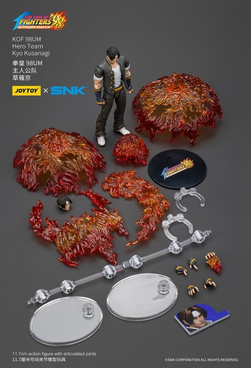 A new fighter is approaching! From the legendary fighting game The King of Fighters '98: Ultimate Match comes the next challenger in 1/18 scale: Kyo Kusanagi! Dressed in his traditional black and yellow outfit, Kyo comes with a large variety of accessories including flame effects when executing a powerful move. Recreated with jaw-dropping details lifted directly from the game, you'll be able to re-enact your favorite brawls or envision your own high stakes fights in style! Don't miss out on growing your KOF
