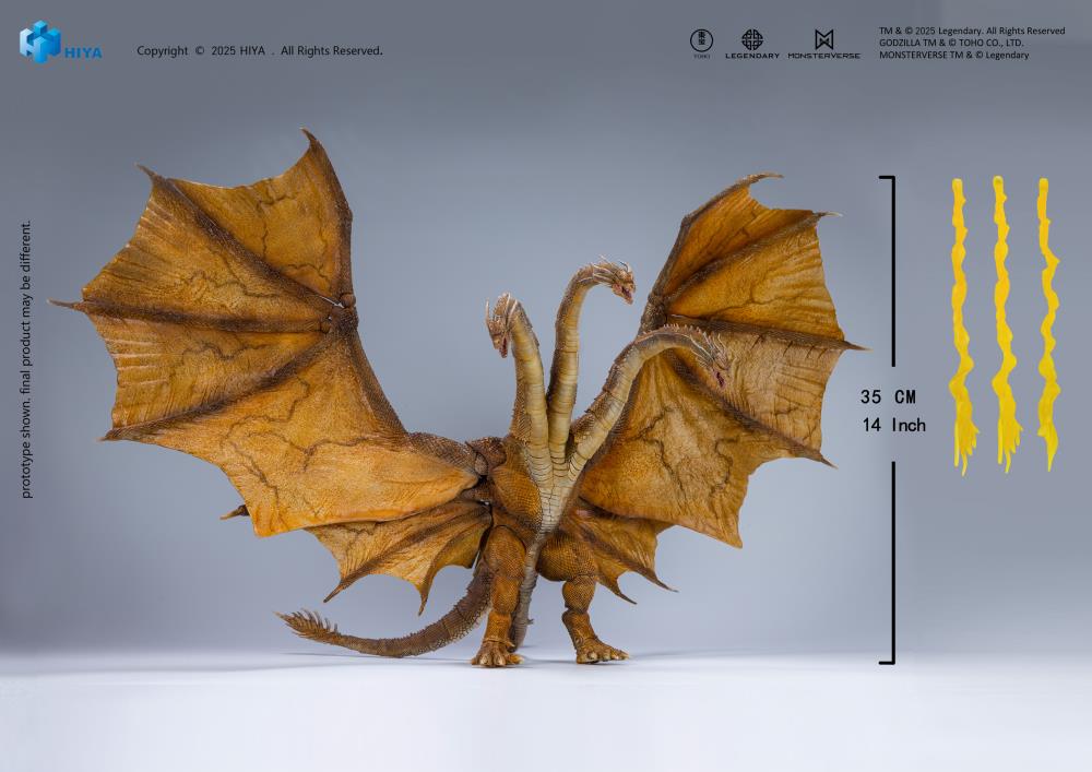 A PREVIEWS Exclusive! The apex predator and rival alpha to Godzilla returns! King Ghidorah 2.0 from Godzilla: King of the Monsters (2019) joins the Hiya EXQUISITE BASIC Series in an upgraded form.
First discovered frozen in Antarctic ice at Outpost 32, King Ghidorah was unleashed to manipulate the Titans but proved impossible to control, challenging Godzilla’s dominance and commanding the others to wreak havoc. This newly designed figure stands an impressive 13.5" tall with a massive 22" wingspan, capturin
