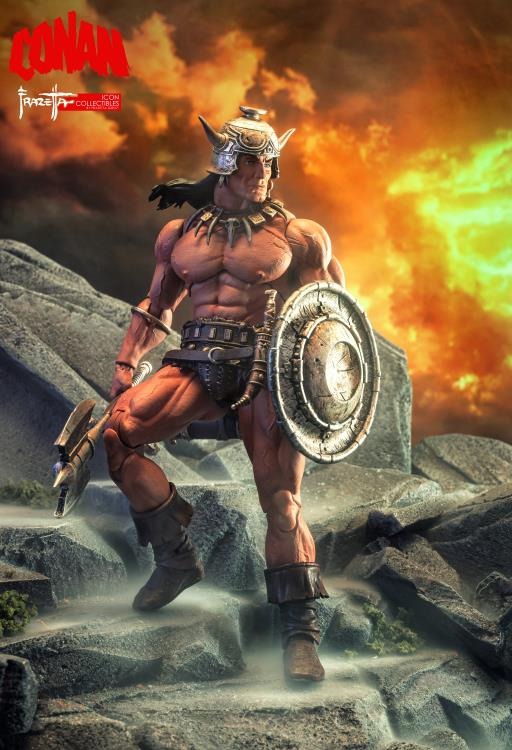 Born of battle and forged in steel—Conan rises! The first official Conan The Barbarian® figure from ICON Collectibles™ has arrived.
Featuring premium articulation and lifelike sculpting, this collectible brings Frank Frazetta’s iconic vision of Robert E. Howard’s warrior to life. The Cimmerian is armed with two swappable portrait heads, multiple handsets, and a fearsome arsenal of weapons.