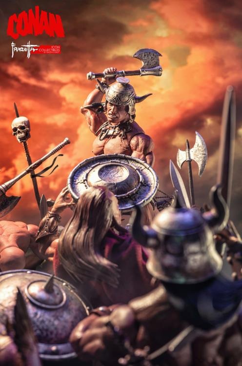 Born of battle and forged in steel—Conan rises! The first official Conan The Barbarian® figure from ICON Collectibles™ has arrived.
Featuring premium articulation and lifelike sculpting, this collectible brings Frank Frazetta’s iconic vision of Robert E. Howard’s warrior to life. The Cimmerian is armed with two swappable portrait heads, multiple handsets, and a fearsome arsenal of weapons.