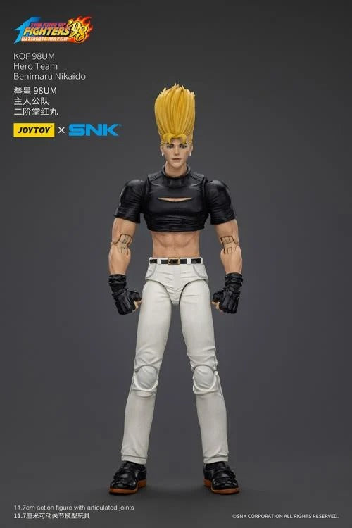 A new fighter is approaching! From the legendary fighting game The King of Fighters '98: Ultimate Match comes the next challenger in 1/18 scale: Benimaru Nikaido! Dressed in his traditional black and white outfit, Benimaru comes with a large variety of accessories including energy effects when executing a powerful move. Recreated with outstanding detail lifted directly from the game, you'll be able to re-enact your favorite brawls or envision your own high stakes fights in style! Don't miss out on growing y