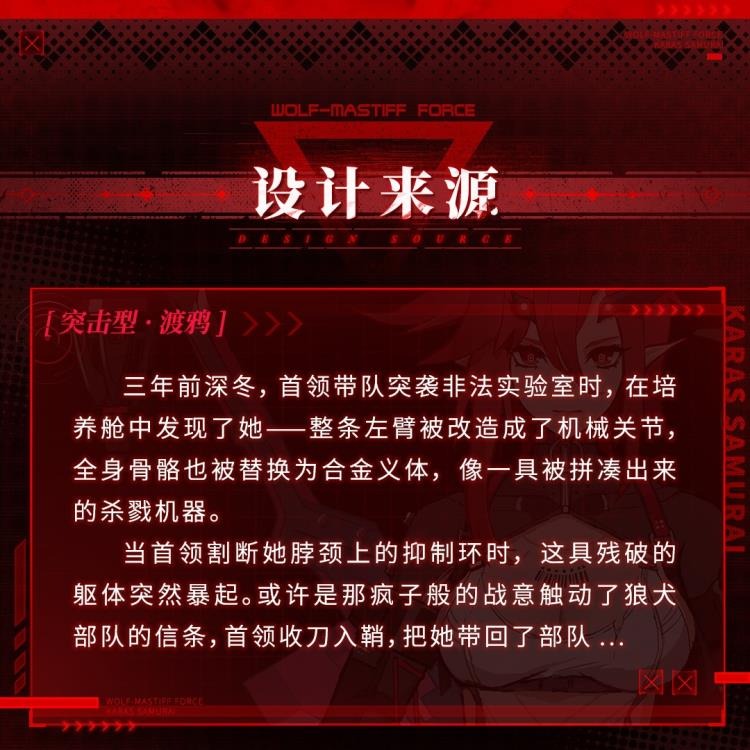 Three years ago in the deep winter, a leader led their team to raid an illegal laboratory and found Karas in her incubator. Her entire left arm had been transformed into a mechanical joint, and her skeleton had been replaced with an alloy prosthesis, turning her into a killing machine. When the leader cut off the restraint around Karas' neck, her broken body came to life. Perhaps touched by the fighting spirit of the creature, the leader of the troops sheathed his knife and brought her with them.