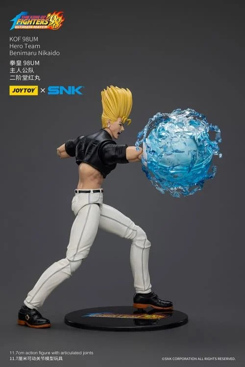 A new fighter is approaching! From the legendary fighting game The King of Fighters '98: Ultimate Match comes the next challenger in 1/18 scale: Benimaru Nikaido! Dressed in his traditional black and white outfit, Benimaru comes with a large variety of accessories including energy effects when executing a powerful move. Recreated with outstanding detail lifted directly from the game, you'll be able to re-enact your favorite brawls or envision your own high stakes fights in style! Don't miss out on growing y