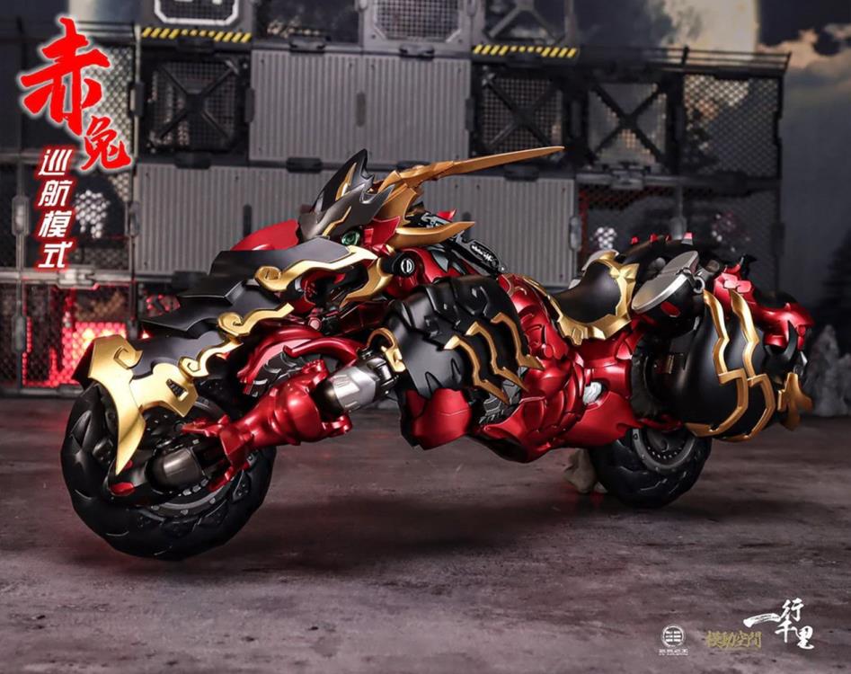 From Motor Nuclear comes a new 1/72 scale transforming figure, The Red Hare. The figure can transform from a majestic metallic horse into a motorcycle. 
When it horse form, the figure stands over 15 inches tall, while in vehicle mode it measures over 18 inches in length. This figure is a ride-on vehicle type and is suitable for most 72-scale alloy-finished toys.