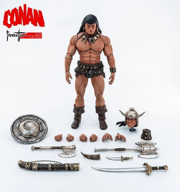 Born of battle and forged in steel—Conan rises! The first official Conan The Barbarian® figure from ICON Collectibles™ has arrived.
Featuring premium articulation and lifelike sculpting, this collectible brings Frank Frazetta’s iconic vision of Robert E. Howard’s warrior to life. The Cimmerian is armed with two swappable portrait heads, multiple handsets, and a fearsome arsenal of weapons.