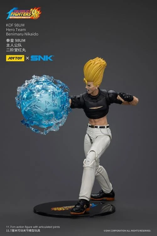 A new fighter is approaching! From the legendary fighting game The King of Fighters '98: Ultimate Match comes the next challenger in 1/18 scale: Benimaru Nikaido! Dressed in his traditional black and white outfit, Benimaru comes with a large variety of accessories including energy effects when executing a powerful move. Recreated with outstanding detail lifted directly from the game, you'll be able to re-enact your favorite brawls or envision your own high stakes fights in style! Don't miss out on growing y