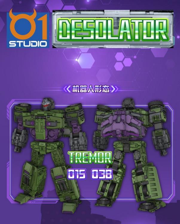 01 Studio's first set of Desolator figures has been released in four different classic forms! You can convert the Desolator Tremor robot into its "tow truck" form without having to disassemble any additional parts.