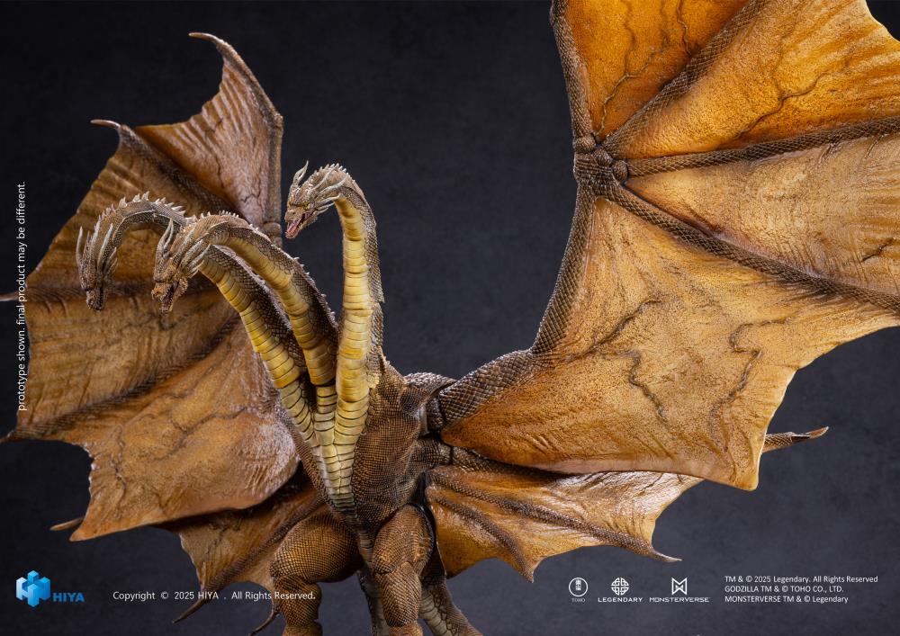 A PREVIEWS Exclusive! The apex predator and rival alpha to Godzilla returns! King Ghidorah 2.0 from Godzilla: King of the Monsters (2019) joins the Hiya EXQUISITE BASIC Series in an upgraded form.
First discovered frozen in Antarctic ice at Outpost 32, King Ghidorah was unleashed to manipulate the Titans but proved impossible to control, challenging Godzilla’s dominance and commanding the others to wreak havoc. This newly designed figure stands an impressive 13.5" tall with a massive 22" wingspan, capturin
