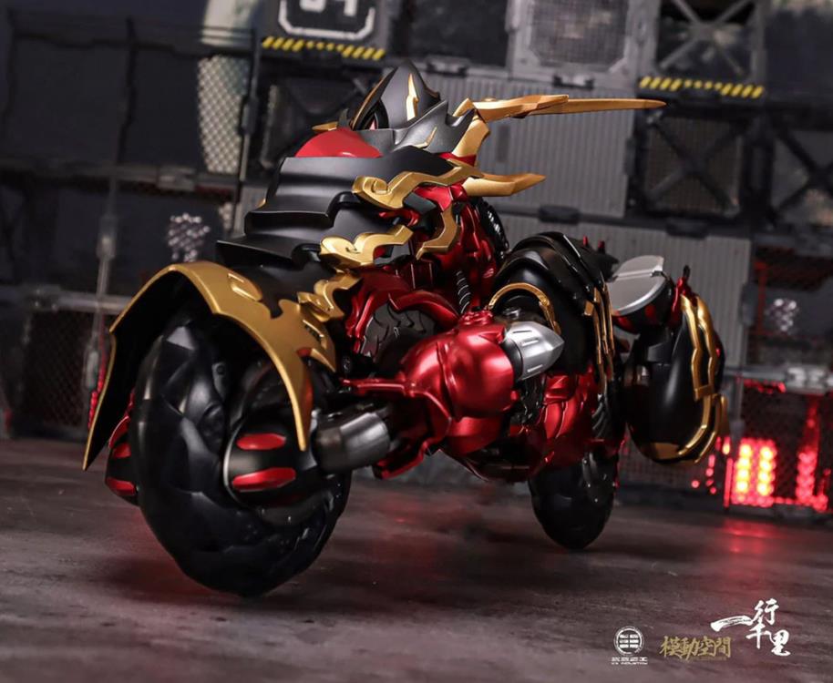 From Motor Nuclear comes a new 1/72 scale transforming figure, The Red Hare. The figure can transform from a majestic metallic horse into a motorcycle. 
When it horse form, the figure stands over 15 inches tall, while in vehicle mode it measures over 18 inches in length. This figure is a ride-on vehicle type and is suitable for most 72-scale alloy-finished toys.