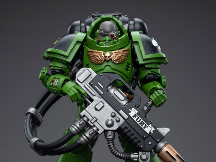 Hailing from a volcanic and unstable world, the Space Marine Chapter of the Salamanders take great care to avoid human casualties during their wars against Chaos. Deeply embedded in the Promeathan Cult, these warriors hone their skills to a lethal edge to protect Humanity. Each figure typically includes interchangeable hands and weapon accessories and stands between 4" and 6" tall.
