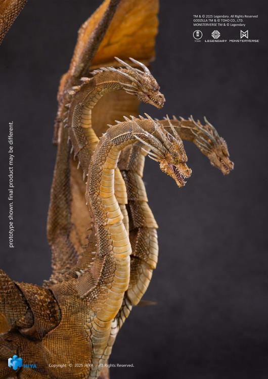 A PREVIEWS Exclusive! The apex predator and rival alpha to Godzilla returns! King Ghidorah 2.0 from Godzilla: King of the Monsters (2019) joins the Hiya EXQUISITE BASIC Series in an upgraded form.
First discovered frozen in Antarctic ice at Outpost 32, King Ghidorah was unleashed to manipulate the Titans but proved impossible to control, challenging Godzilla’s dominance and commanding the others to wreak havoc. This newly designed figure stands an impressive 13.5" tall with a massive 22" wingspan, capturin