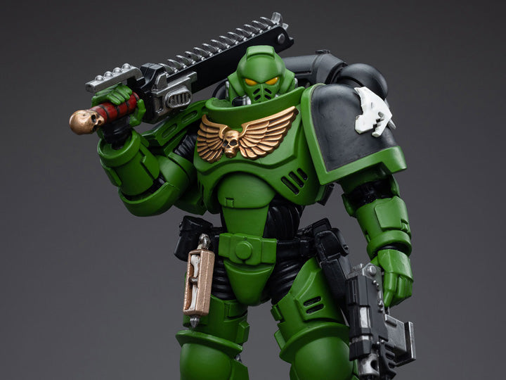 Hailing from a volcanic and unstable world, the Space Marine Chapter of the Salamanders take great care to avoid human casualties during their wars against Chaos. Deeply embedded in the Promeathan Cult, these warriors hone their skills to a lethal edge to protect Humanity. Each figure typically includes interchangeable hands and weapon accessories and stands between 4" and 6" tall.