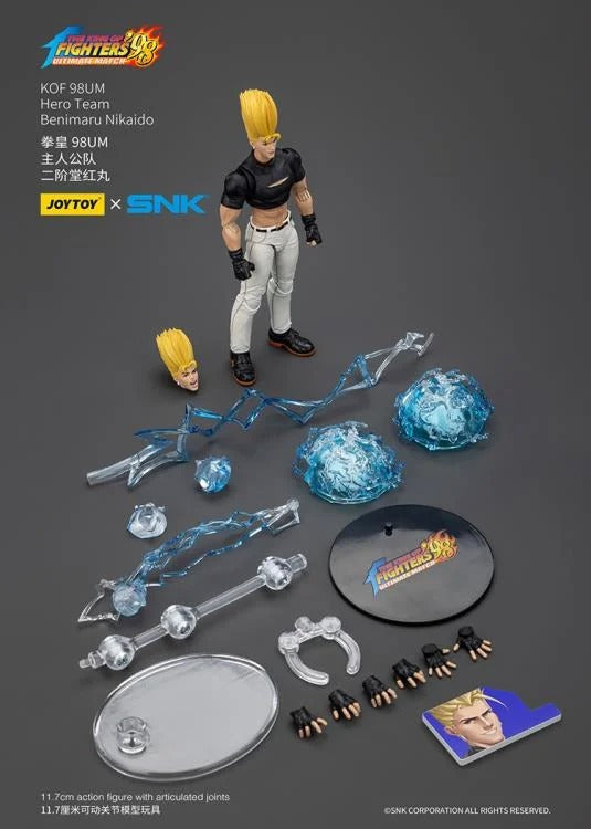 A new fighter is approaching! From the legendary fighting game The King of Fighters '98: Ultimate Match comes the next challenger in 1/18 scale: Benimaru Nikaido! Dressed in his traditional black and white outfit, Benimaru comes with a large variety of accessories including energy effects when executing a powerful move. Recreated with outstanding detail lifted directly from the game, you'll be able to re-enact your favorite brawls or envision your own high stakes fights in style! Don't miss out on growing y