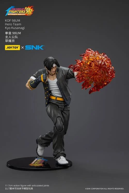 A new fighter is approaching! From the legendary fighting game The King of Fighters '98: Ultimate Match comes the next challenger in 1/18 scale: Kyo Kusanagi! Dressed in his traditional black and yellow outfit, Kyo comes with a large variety of accessories including flame effects when executing a powerful move. Recreated with jaw-dropping details lifted directly from the game, you'll be able to re-enact your favorite brawls or envision your own high stakes fights in style! Don't miss out on growing your KOF