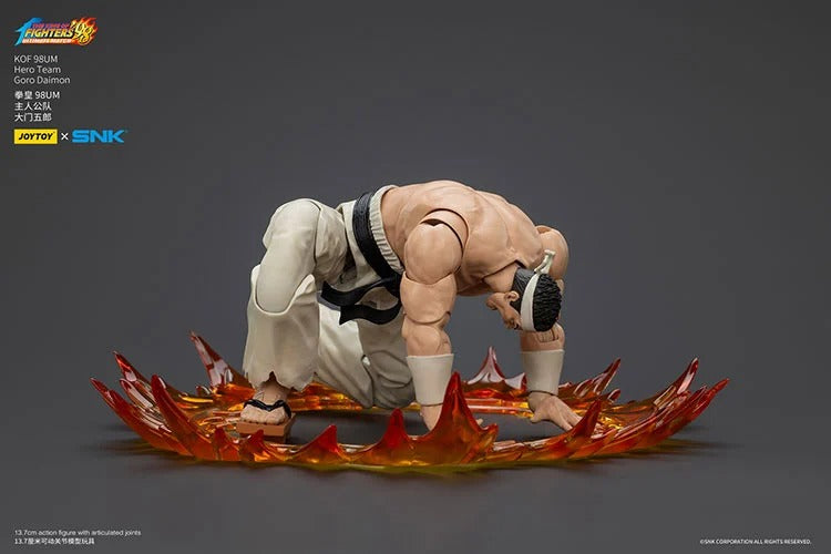 A new fighter is approaching! From the legendary fighting game The King of Fighters '98: Ultimate Match comes the next challenger in 1/18 scale: Goro Daimon! Dressed in his traditional gi outfit, Goro comes with a large variety of accessories including energy effects when executing a powerful move. Recreated with superb detailing lifted directly from the game, you'll be able to re-enact your favorite brawls or envision your own high stakes fights in style! Don't miss out on growing your KOF collection and o