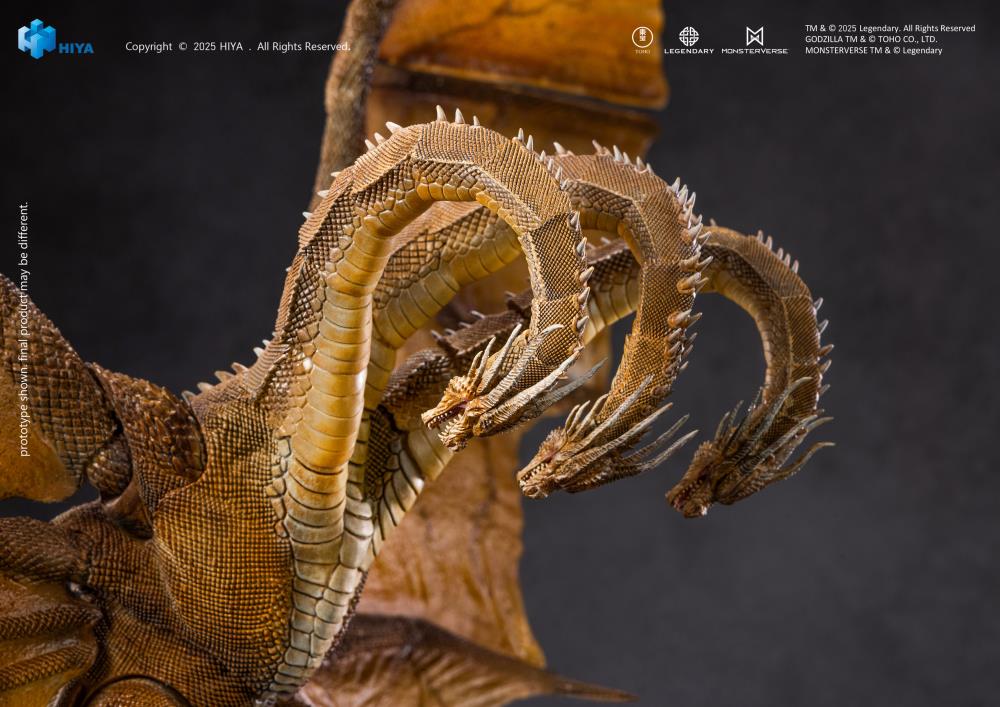 A PREVIEWS Exclusive! The apex predator and rival alpha to Godzilla returns! King Ghidorah 2.0 from Godzilla: King of the Monsters (2019) joins the Hiya EXQUISITE BASIC Series in an upgraded form.
First discovered frozen in Antarctic ice at Outpost 32, King Ghidorah was unleashed to manipulate the Titans but proved impossible to control, challenging Godzilla’s dominance and commanding the others to wreak havoc. This newly designed figure stands an impressive 13.5" tall with a massive 22" wingspan, capturin