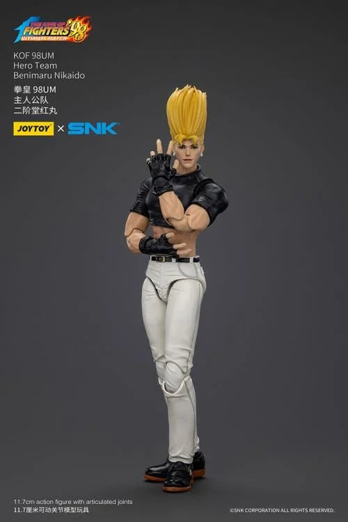A new fighter is approaching! From the legendary fighting game The King of Fighters '98: Ultimate Match comes the next challenger in 1/18 scale: Benimaru Nikaido! Dressed in his traditional black and white outfit, Benimaru comes with a large variety of accessories including energy effects when executing a powerful move. Recreated with outstanding detail lifted directly from the game, you'll be able to re-enact your favorite brawls or envision your own high stakes fights in style! Don't miss out on growing y
