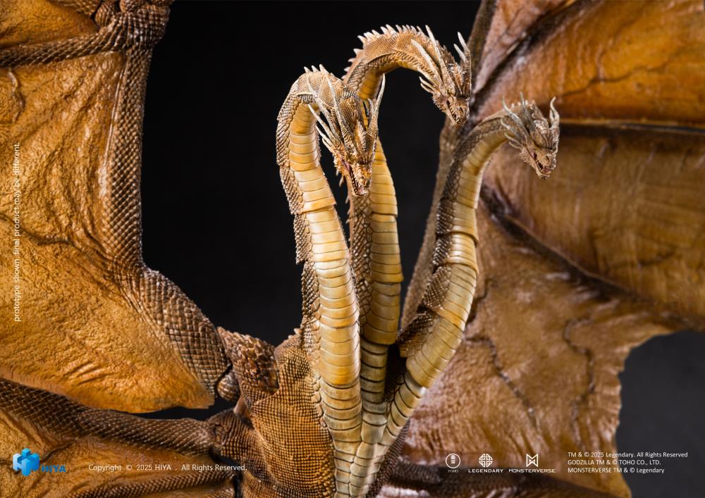 A PREVIEWS Exclusive! The apex predator and rival alpha to Godzilla returns! King Ghidorah 2.0 from Godzilla: King of the Monsters (2019) joins the Hiya EXQUISITE BASIC Series in an upgraded form.
First discovered frozen in Antarctic ice at Outpost 32, King Ghidorah was unleashed to manipulate the Titans but proved impossible to control, challenging Godzilla’s dominance and commanding the others to wreak havoc. This newly designed figure stands an impressive 13.5" tall with a massive 22" wingspan, capturin