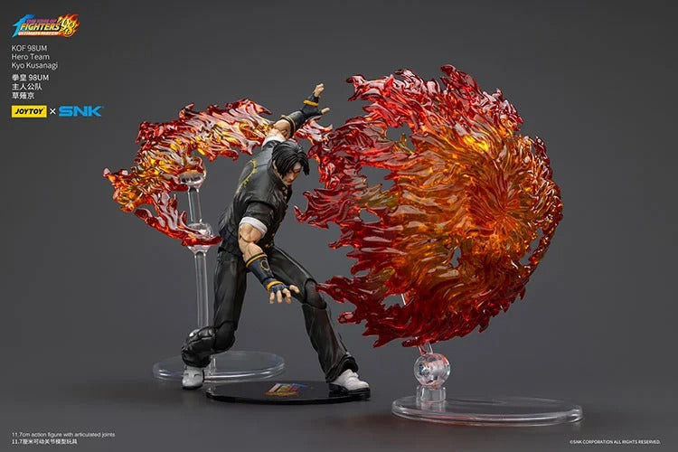 A new fighter is approaching! From the legendary fighting game The King of Fighters '98: Ultimate Match comes the next challenger in 1/18 scale: Kyo Kusanagi! Dressed in his traditional black and yellow outfit, Kyo comes with a large variety of accessories including flame effects when executing a powerful move. Recreated with jaw-dropping details lifted directly from the game, you'll be able to re-enact your favorite brawls or envision your own high stakes fights in style! Don't miss out on growing your KOF