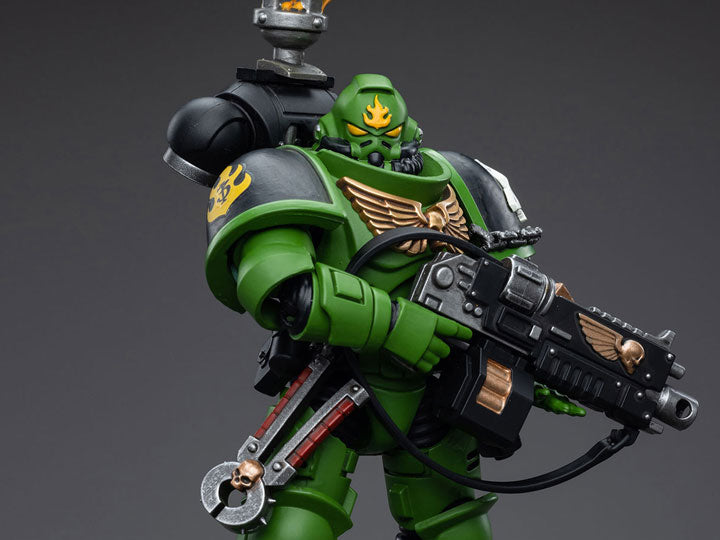 Hailing from a volcanic and unstable world, the Space Marine Chapter of the Salamanders take great care to avoid human casualties during their wars against Chaos. Deeply embedded in the Promeathan Cult, these warriors hone their skills to a lethal edge to protect Humanity. Each figure typically includes interchangeable hands and weapon accessories and stands between 4" and 6" tall.