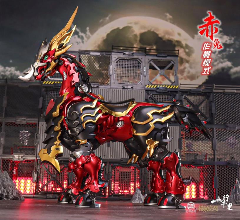 From Motor Nuclear comes a new 1/72 scale transforming figure, The Red Hare. The figure can transform from a majestic metallic horse into a motorcycle. 
When it horse form, the figure stands over 15 inches tall, while in vehicle mode it measures over 18 inches in length. This figure is a ride-on vehicle type and is suitable for most 72-scale alloy-finished toys.