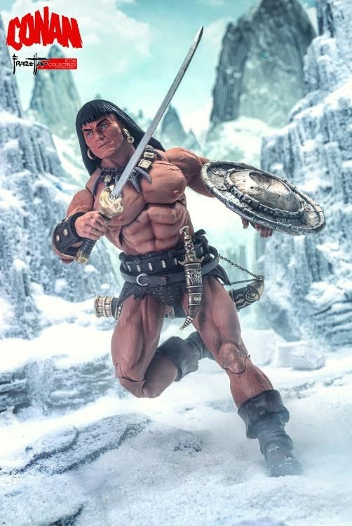 Born of battle and forged in steel—Conan rises! The first official Conan The Barbarian® figure from ICON Collectibles™ has arrived.
Featuring premium articulation and lifelike sculpting, this collectible brings Frank Frazetta’s iconic vision of Robert E. Howard’s warrior to life. The Cimmerian is armed with two swappable portrait heads, multiple handsets, and a fearsome arsenal of weapons.